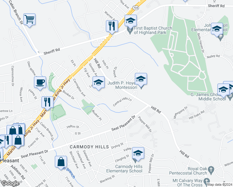 map of restaurants, bars, coffee shops, grocery stores, and more near 6717 Central Hills Terrace in Hyattsville