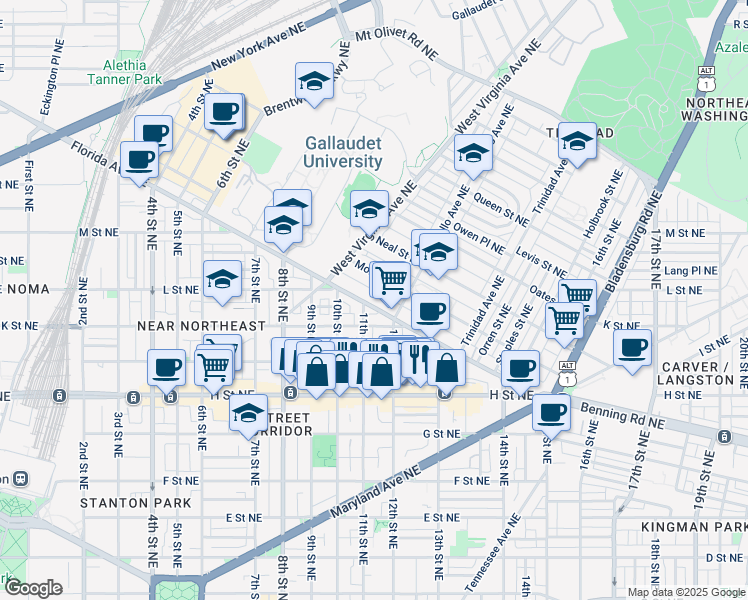 map of restaurants, bars, coffee shops, grocery stores, and more near 1114 Florida Avenue Northeast in Washington