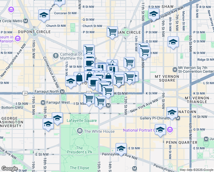 map of restaurants, bars, coffee shops, grocery stores, and more near 1400 L Street Northwest in Washington