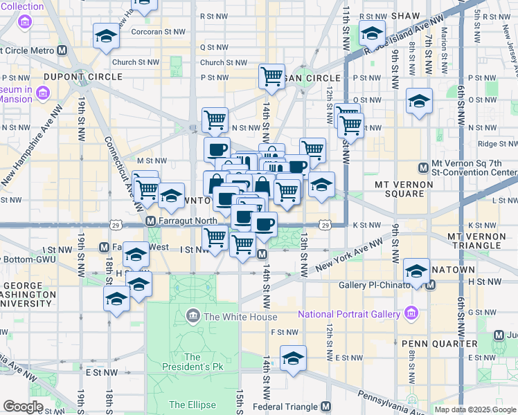 map of restaurants, bars, coffee shops, grocery stores, and more near 1400 L Street Northwest in Washington