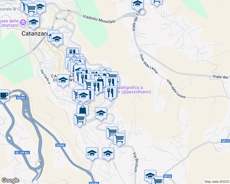 map of restaurants, bars, coffee shops, grocery stores, and more near 99 Viale dei Normanni in Catanzaro
