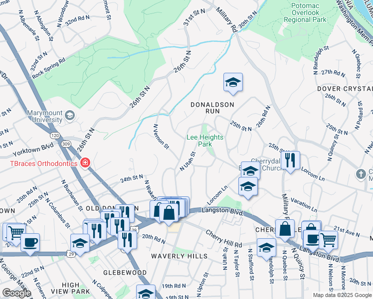 map of restaurants, bars, coffee shops, grocery stores, and more near 2355 North Vermont Street in Arlington
