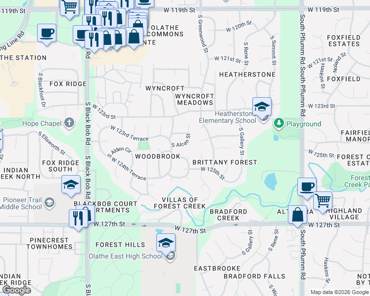 map of restaurants, bars, coffee shops, grocery stores, and more near 12345 South Alcan Street in Olathe