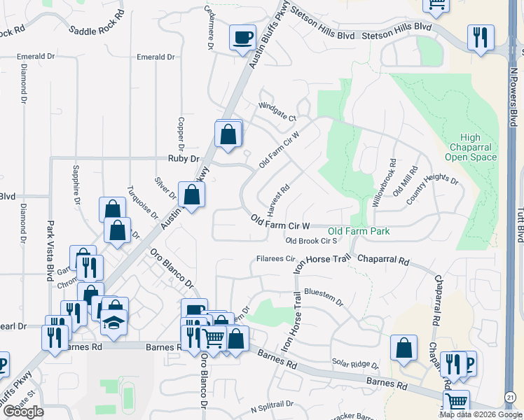 map of restaurants, bars, coffee shops, grocery stores, and more near 5017 Harvest Road in Colorado Springs