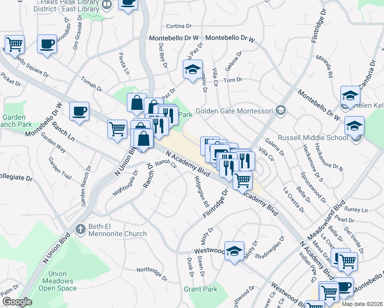 map of restaurants, bars, coffee shops, grocery stores, and more near 5038 El Camino Drive in Colorado Springs