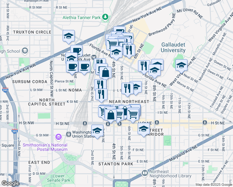 map of restaurants, bars, coffee shops, grocery stores, and more near 101 Independence Avenue Southeast in Washington