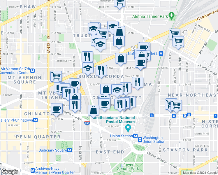 map of restaurants, bars, coffee shops, grocery stores, and more near 43 K Street Northwest in Washington