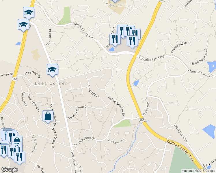 map of restaurants, bars, coffee shops, grocery stores, and more near 3409 Hidden Meadow Drive in Fairfax
