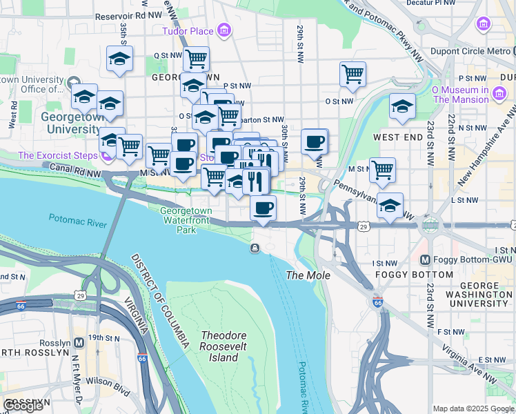 map of restaurants, bars, coffee shops, grocery stores, and more near 1027 31st St NW in Washington