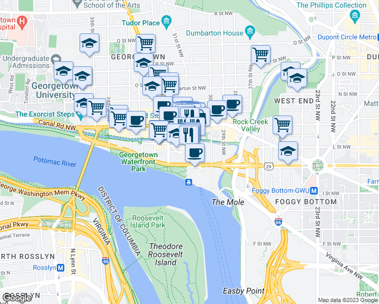 map of restaurants, bars, coffee shops, grocery stores, and more near 1027 31st St NW in Washington
