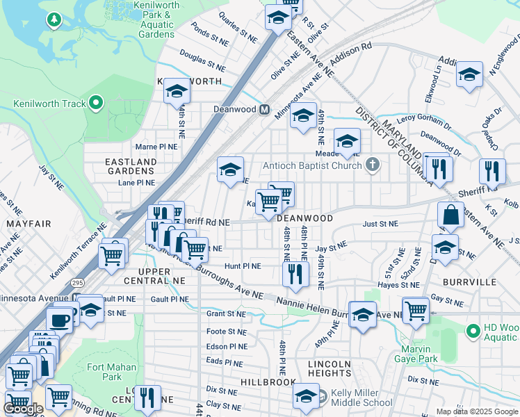 map of restaurants, bars, coffee shops, grocery stores, and more near 4607 Kane Place Northeast in Washington