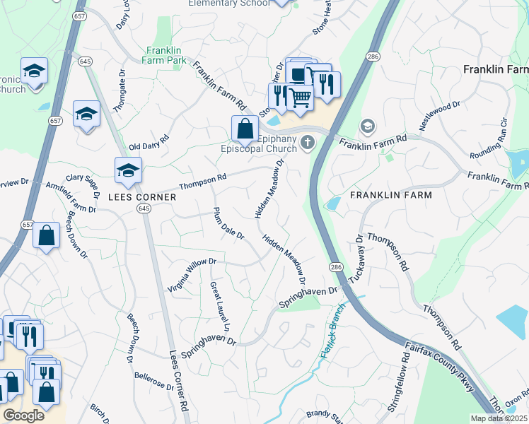 map of restaurants, bars, coffee shops, grocery stores, and more near 3409 Hidden Meadow Drive in Fairfax