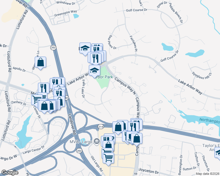 map of restaurants, bars, coffee shops, grocery stores, and more near 1018 Fallcrest Court in Bowie