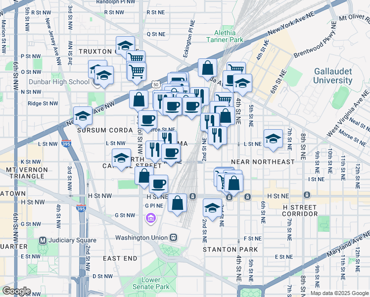 map of restaurants, bars, coffee shops, grocery stores, and more near 1005 First Street Northeast in Washington