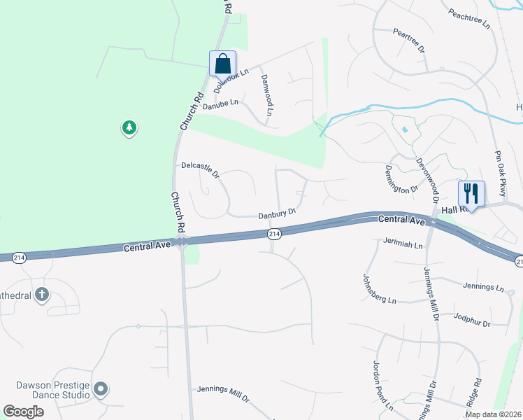 map of restaurants, bars, coffee shops, grocery stores, and more near 1014 Danbury Drive in Bowie