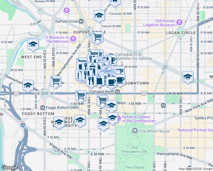 map of restaurants, bars, coffee shops, grocery stores, and more near 1050 Connecticut Avenue Northwest in Washington