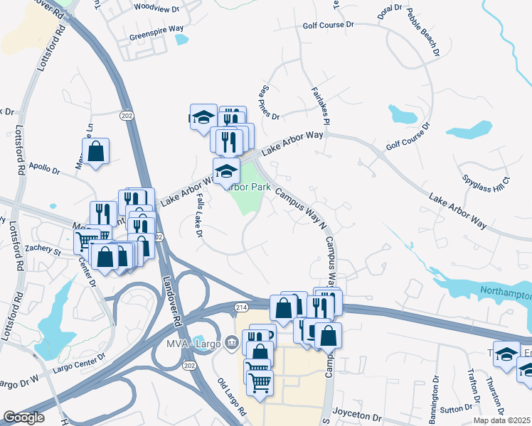 map of restaurants, bars, coffee shops, grocery stores, and more near 1018 Fallcrest Court in Bowie