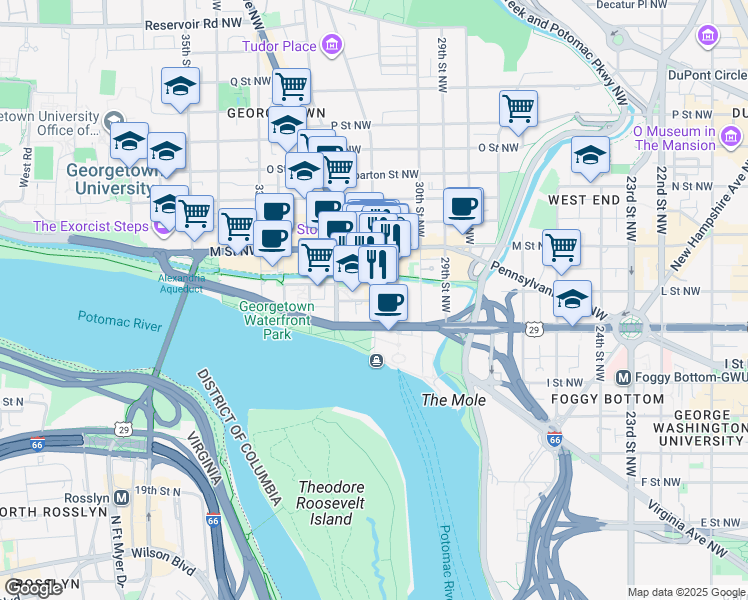 map of restaurants, bars, coffee shops, grocery stores, and more near 2103 South Street NW in Washington