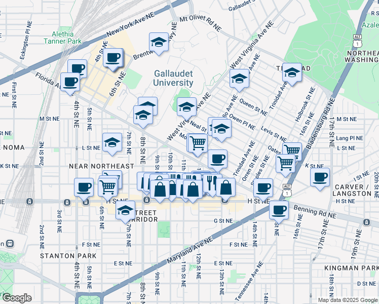 map of restaurants, bars, coffee shops, grocery stores, and more near 1114 Florida Avenue Northeast in Washington