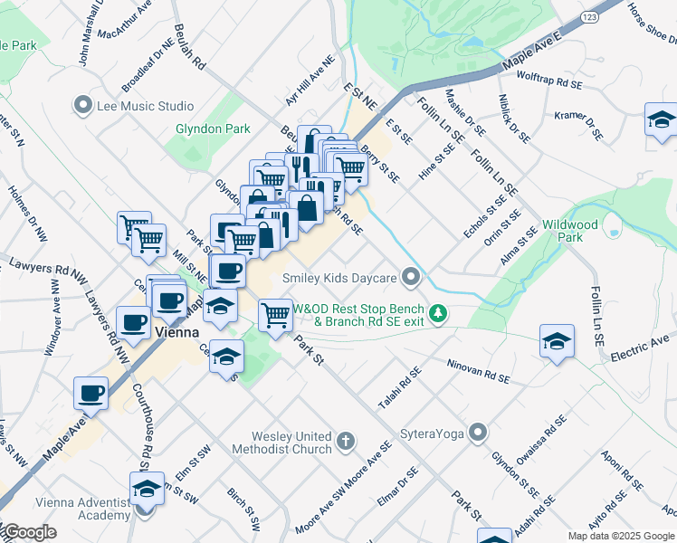 map of restaurants, bars, coffee shops, grocery stores, and more near 303 Charles Street Southeast in Vienna