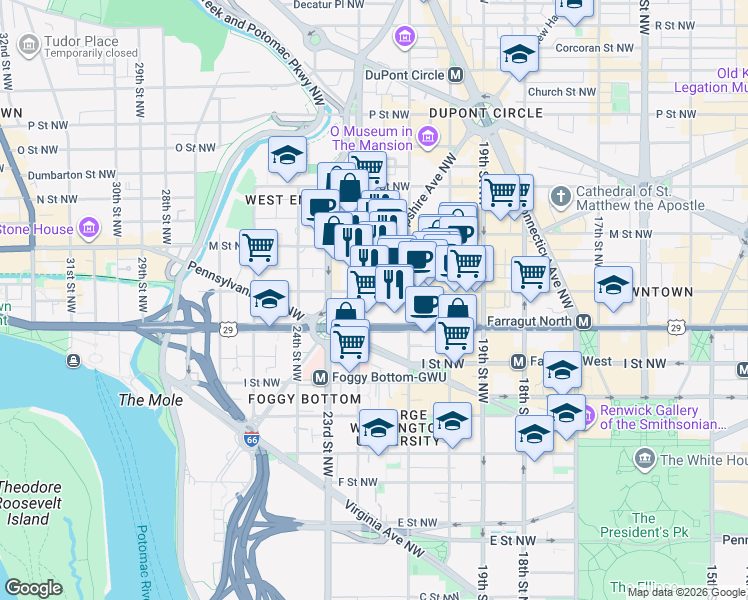 map of restaurants, bars, coffee shops, grocery stores, and more near 2140 L Street Northwest in Washington