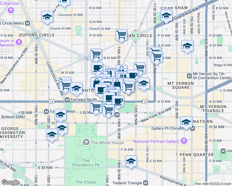 map of restaurants, bars, coffee shops, grocery stores, and more near 1400 L Street Northwest in Washington