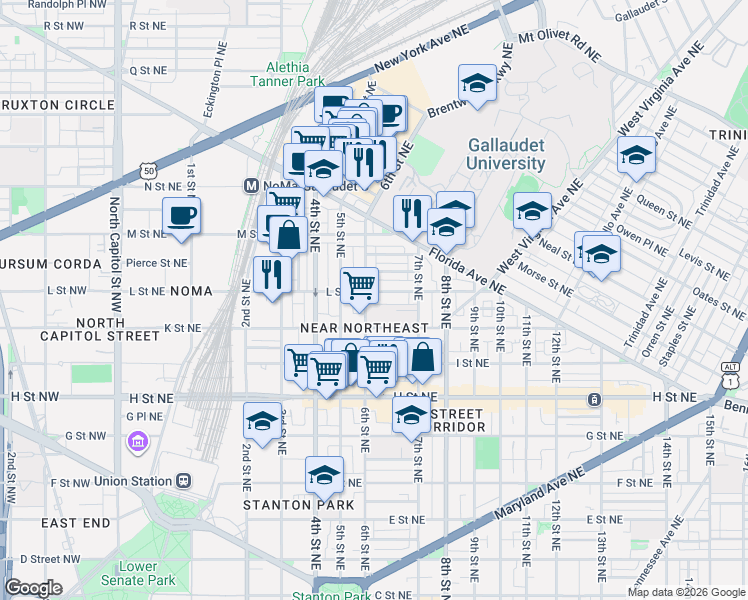map of restaurants, bars, coffee shops, grocery stores, and more near 101 Independence Avenue Southeast in Washington