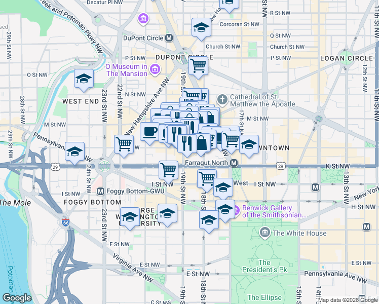 map of restaurants, bars, coffee shops, grocery stores, and more near 1828 L Street Northwest in Washington