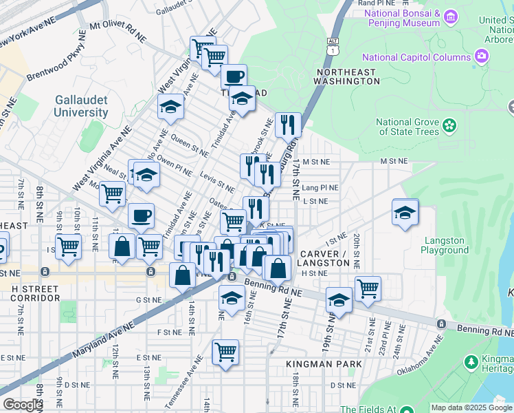 map of restaurants, bars, coffee shops, grocery stores, and more near 1028 Bladensburg Road Northeast in Washington