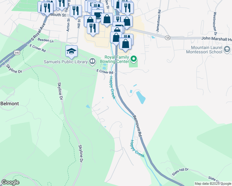 map of restaurants, bars, coffee shops, grocery stores, and more near 603 Remount Road in Front Royal