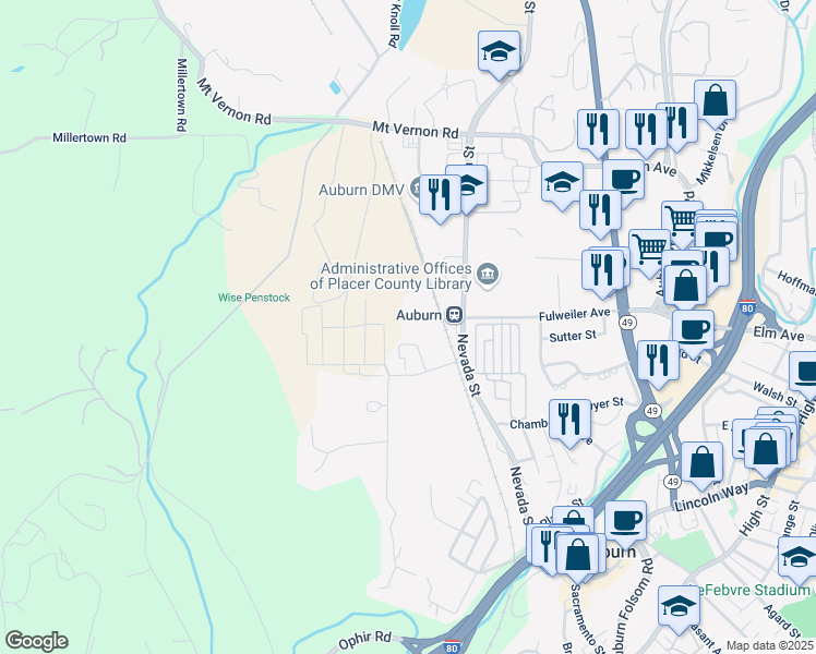 map of restaurants, bars, coffee shops, grocery stores, and more near 11661 Blocker Drive in Auburn