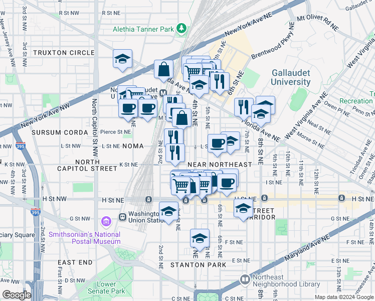 map of restaurants, bars, coffee shops, grocery stores, and more near 323 L Street Northeast in Washington