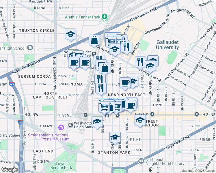 map of restaurants, bars, coffee shops, grocery stores, and more near 323 L Street Northeast in Washington