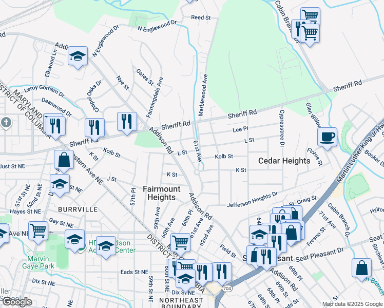 map of restaurants, bars, coffee shops, grocery stores, and more near 6009 L Street in Fairmount Heights