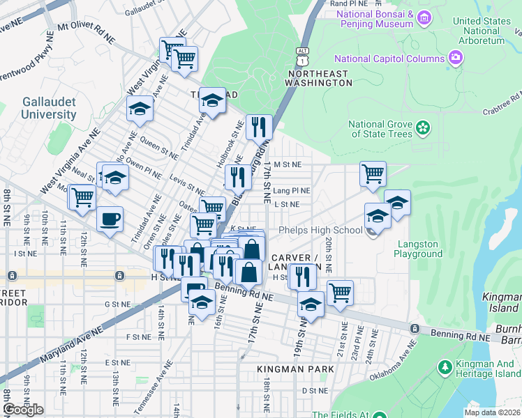 map of restaurants, bars, coffee shops, grocery stores, and more near 101 Independence Avenue Southeast in Washington