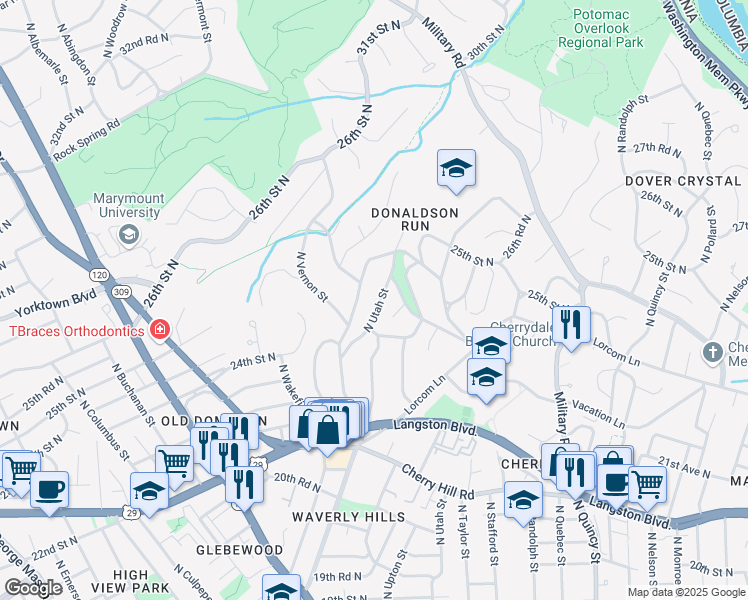 map of restaurants, bars, coffee shops, grocery stores, and more near 2430 North Utah Street in Arlington