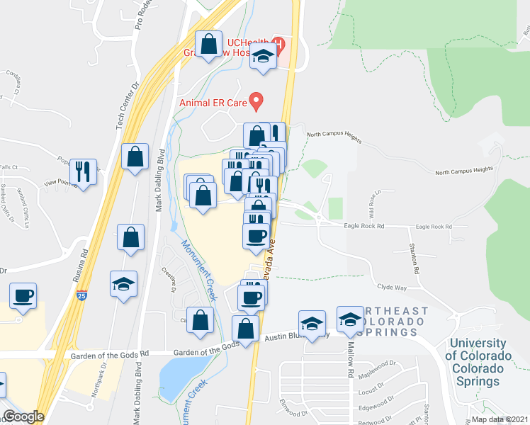 map of restaurants, bars, coffee shops, grocery stores, and more near 5150 North Nevada Avenue in Colorado Springs