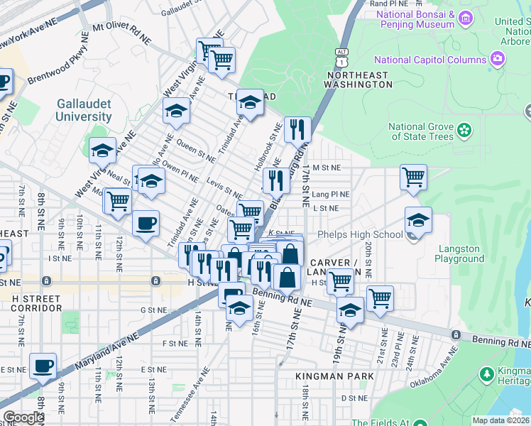 map of restaurants, bars, coffee shops, grocery stores, and more near 101 Independence Avenue Southeast in Washington