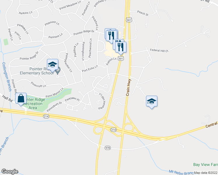 map of restaurants, bars, coffee shops, grocery stores, and more near 16339 Pennsbury Way in Bowie