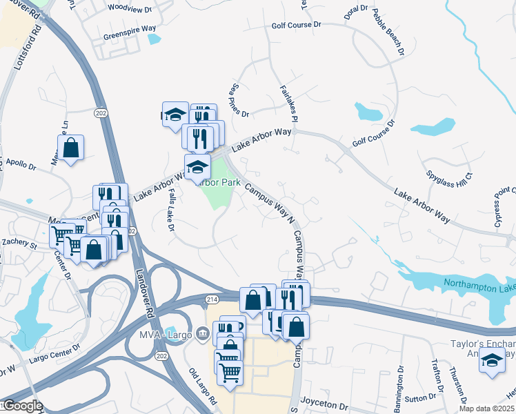 map of restaurants, bars, coffee shops, grocery stores, and more near 1019 Summerglenn Court in Bowie