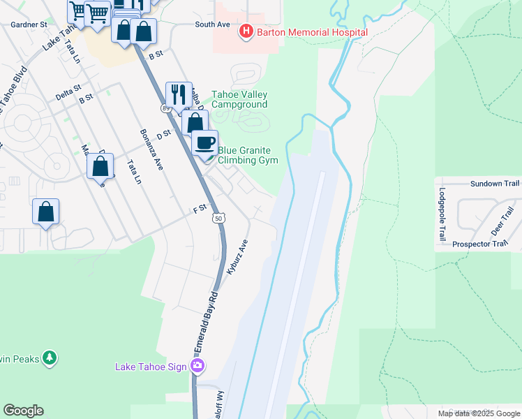 map of restaurants, bars, coffee shops, grocery stores, and more near 1342 Melba Drive in South Lake Tahoe