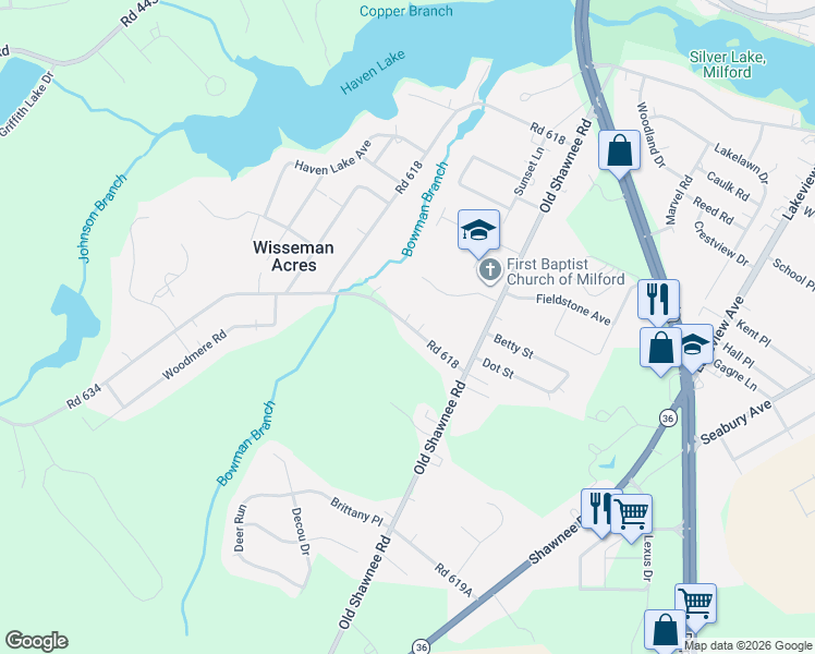 map of restaurants, bars, coffee shops, grocery stores, and more near 203 Meadow Brook Lane in Milford