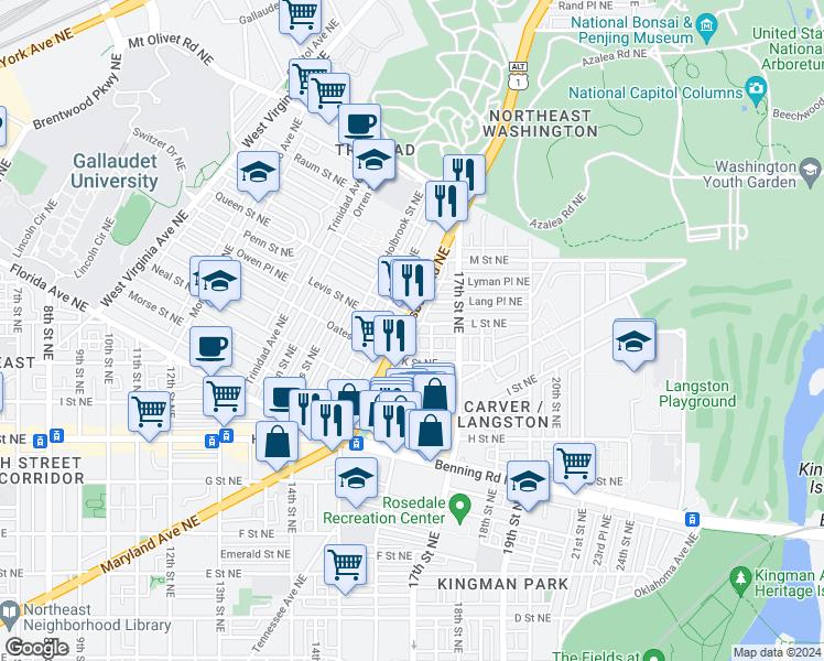 map of restaurants, bars, coffee shops, grocery stores, and more near 101 Independence Avenue Southeast in Washington