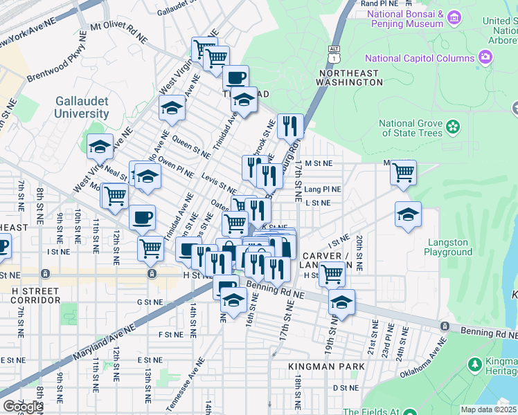 map of restaurants, bars, coffee shops, grocery stores, and more near 101 Independence Avenue Southeast in Washington
