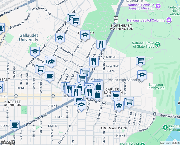 map of restaurants, bars, coffee shops, grocery stores, and more near 101 Independence Avenue Southeast in Washington