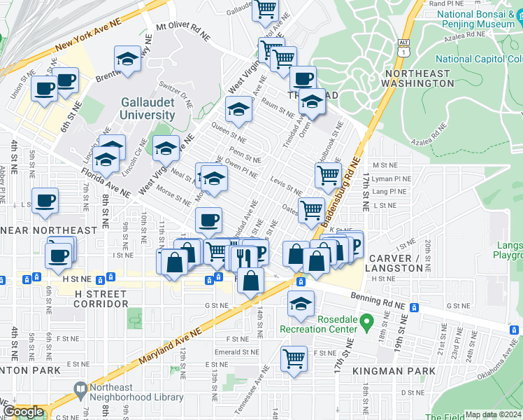 map of restaurants, bars, coffee shops, grocery stores, and more near 101 Independence Avenue Southeast in Washington