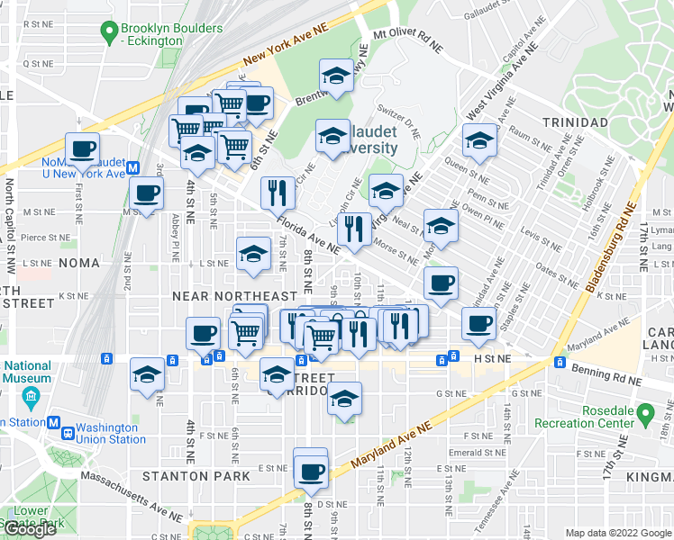 map of restaurants, bars, coffee shops, grocery stores, and more near 101 Independence Avenue Southeast in Washington