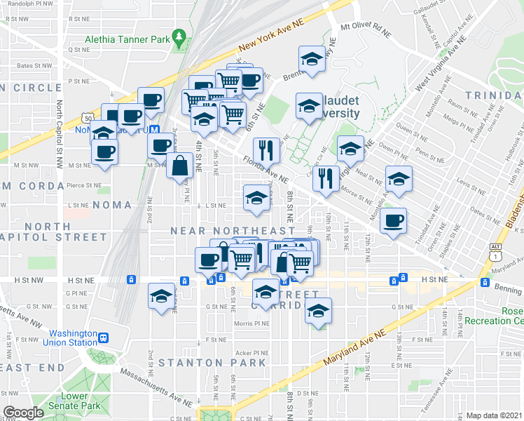 map of restaurants, bars, coffee shops, grocery stores, and more near 101 Independence Avenue Southeast in Washington