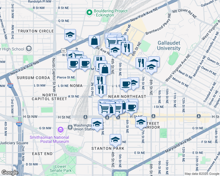 map of restaurants, bars, coffee shops, grocery stores, and more near 101 Independence Avenue Southeast in Washington
