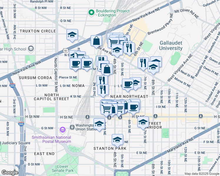 map of restaurants, bars, coffee shops, grocery stores, and more near 101 Independence Avenue Southeast in Washington